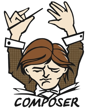 The Composer Official Logo: a male orchestra conductor with both arms in the air and his head tilted down, reading music sheets